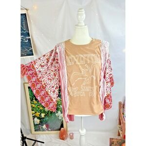 Upcycled Led Zeppelin Graphic Tshirt Handmade Kimono Sleeves Lace Trim Boho L-2X